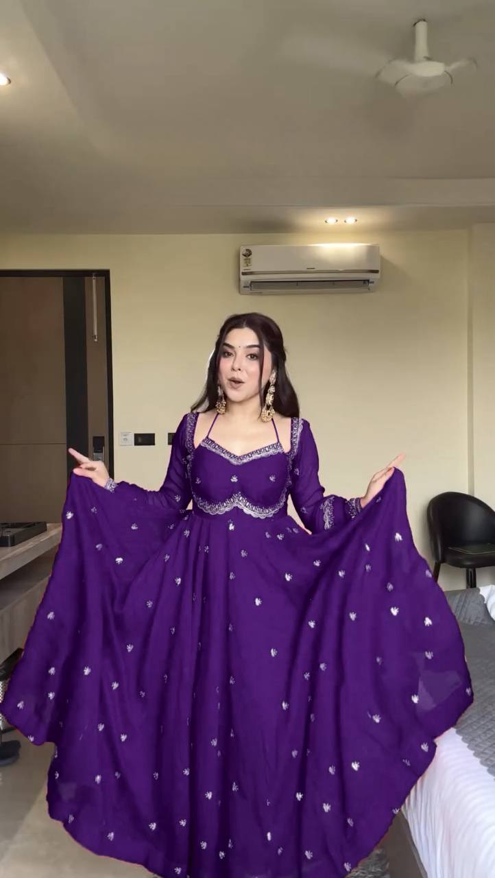 Purple Elegant Faux Georgette Anarkali Set with Thread & Sequin Work, Paired with Comfortable Pant & Lace-Detailed Dupatta