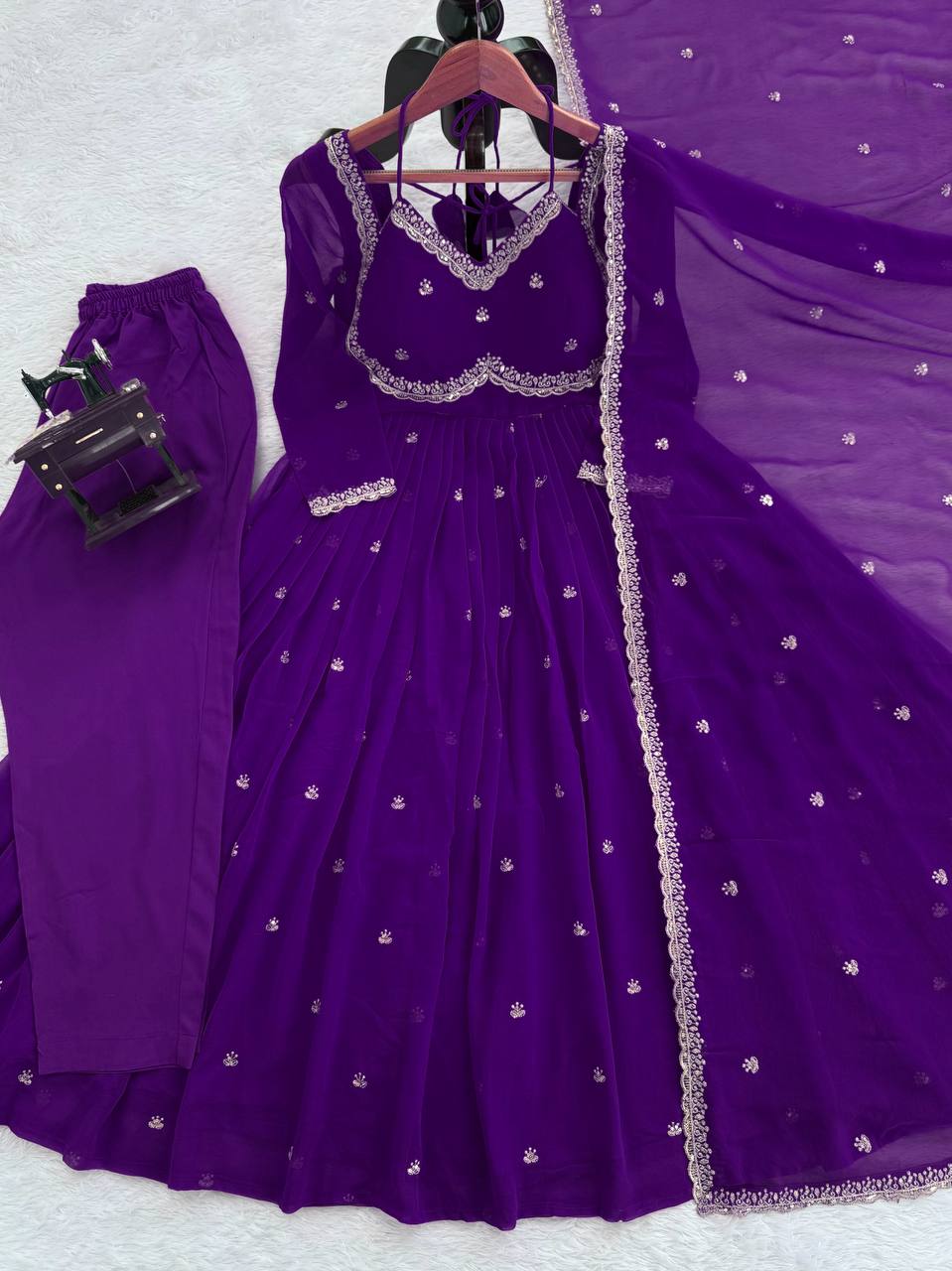 Purple Elegant Faux Georgette Anarkali Set with Thread & Sequin Work, Paired with Comfortable Pant & Lace-Detailed Dupatta