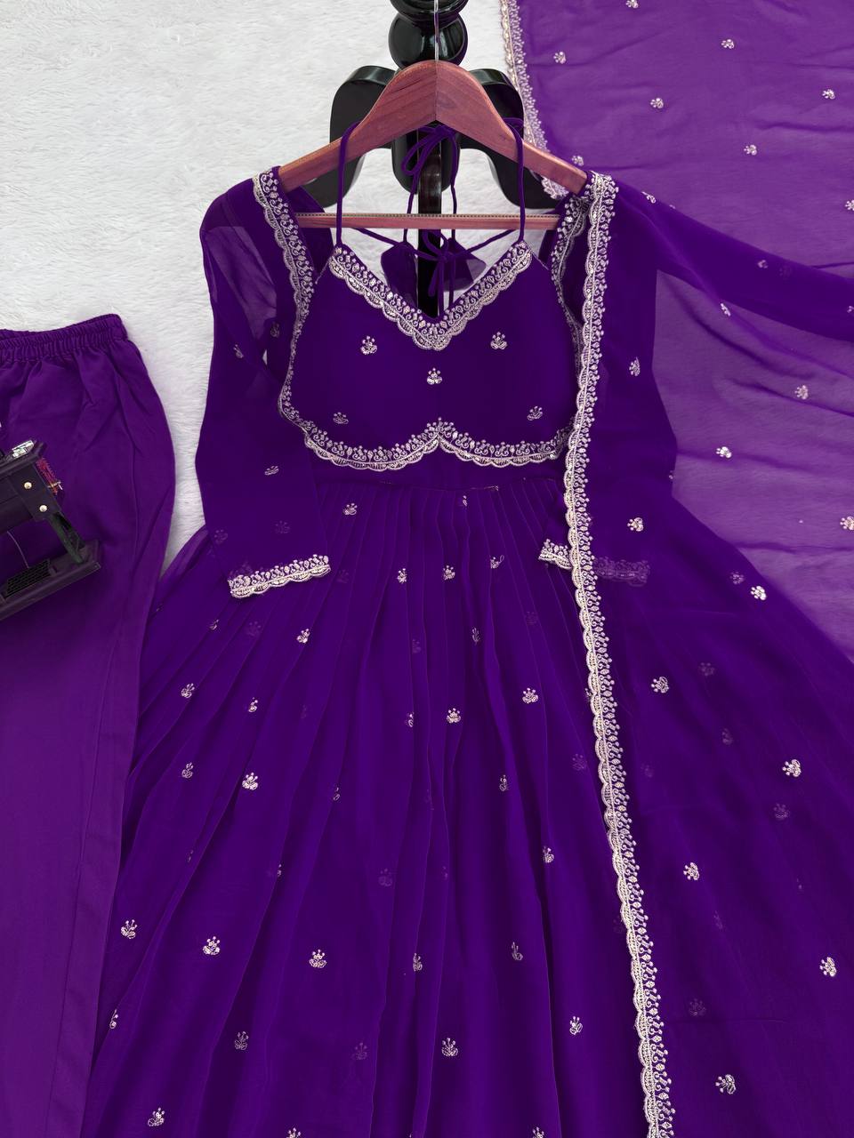 Purple Elegant Faux Georgette Anarkali Set with Thread & Sequin Work, Paired with Comfortable Pant & Lace-Detailed Dupatta