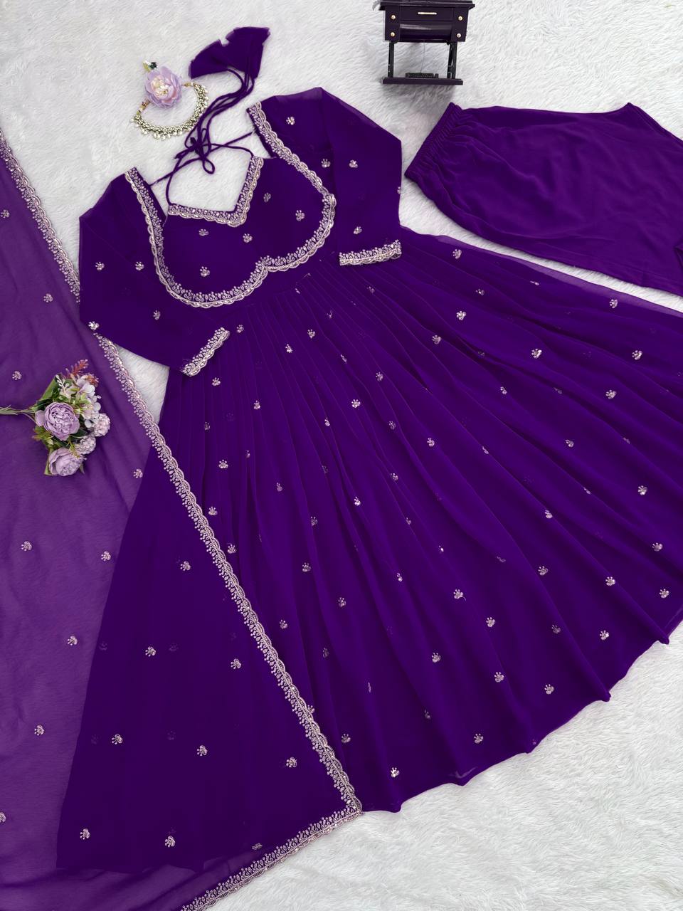 Purple Elegant Faux Georgette Anarkali Set with Thread & Sequin Work, Paired with Comfortable Pant & Lace-Detailed Dupatta