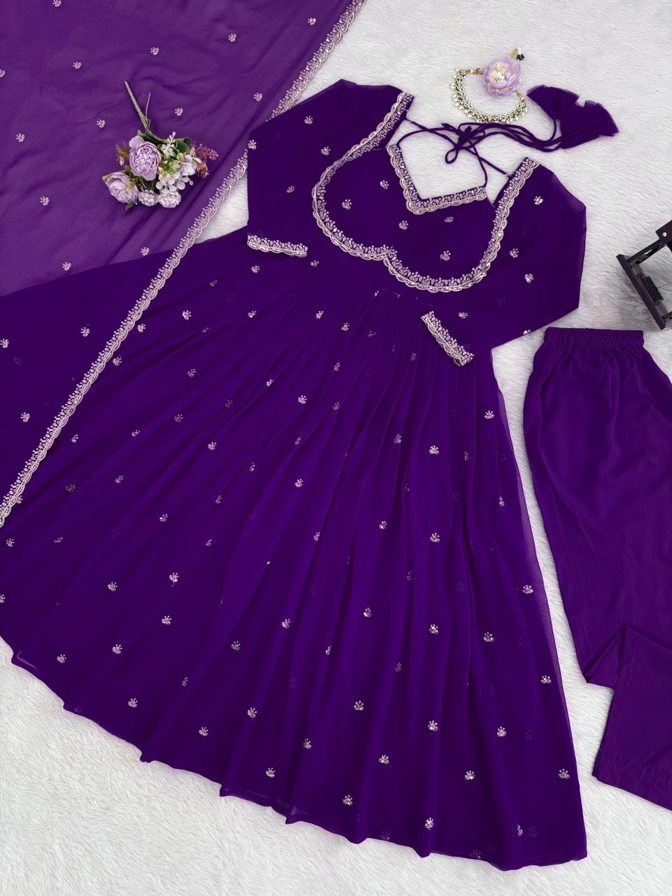 Purple Elegant Faux Georgette Anarkali Set with Thread & Sequin Work, Paired with Comfortable Pant & Lace-Detailed Dupatta