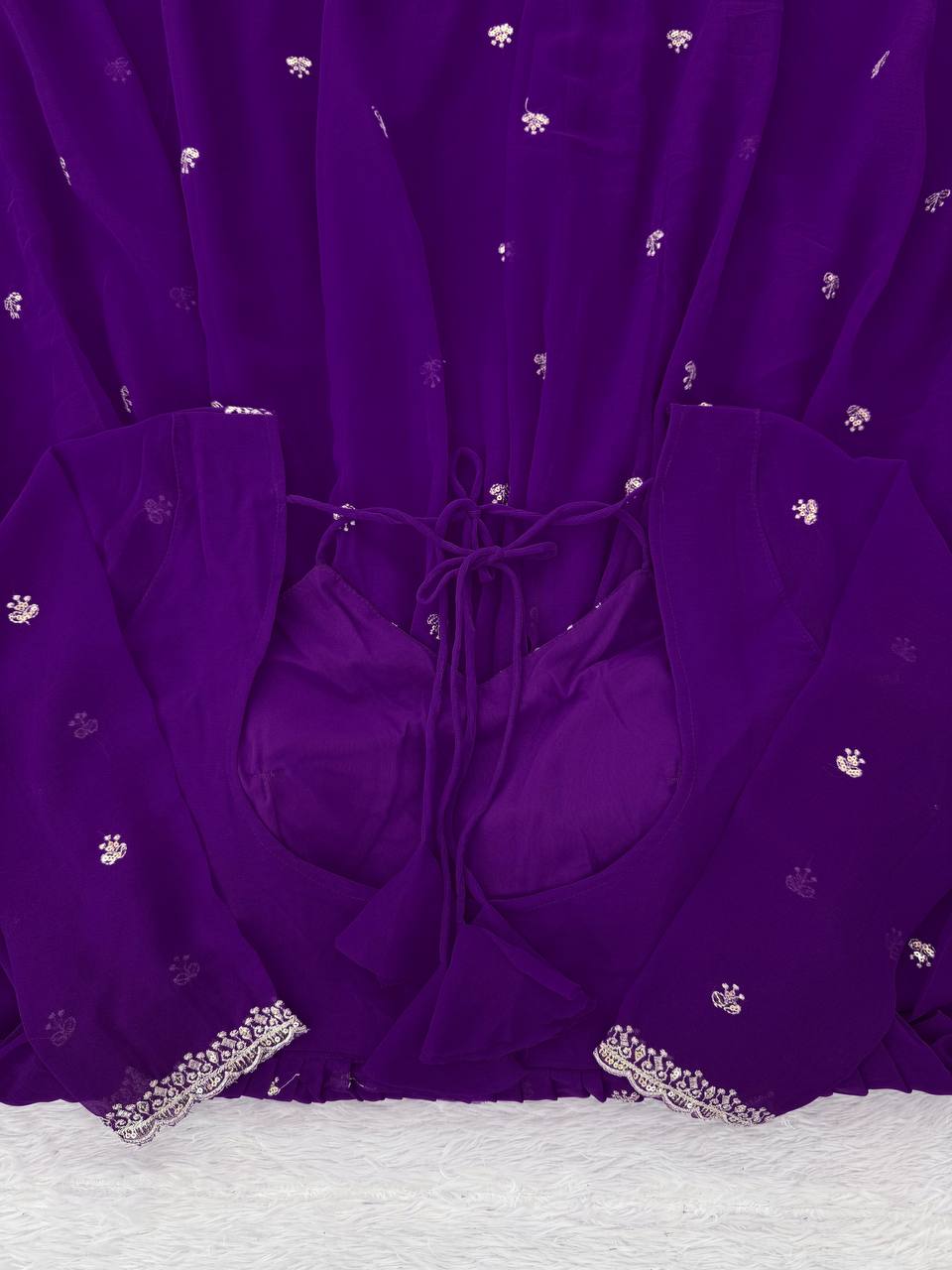 Purple Elegant Faux Georgette Anarkali Set with Thread & Sequin Work, Paired with Comfortable Pant & Lace-Detailed Dupatta
