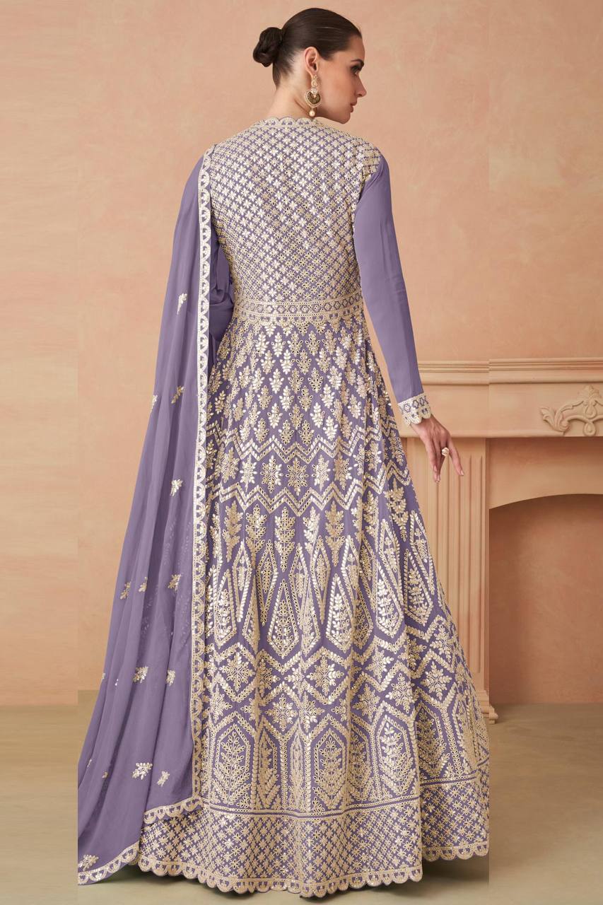Purple Elegant Faux Georgette Embroidered Suit Set – Full Stitched Elegance