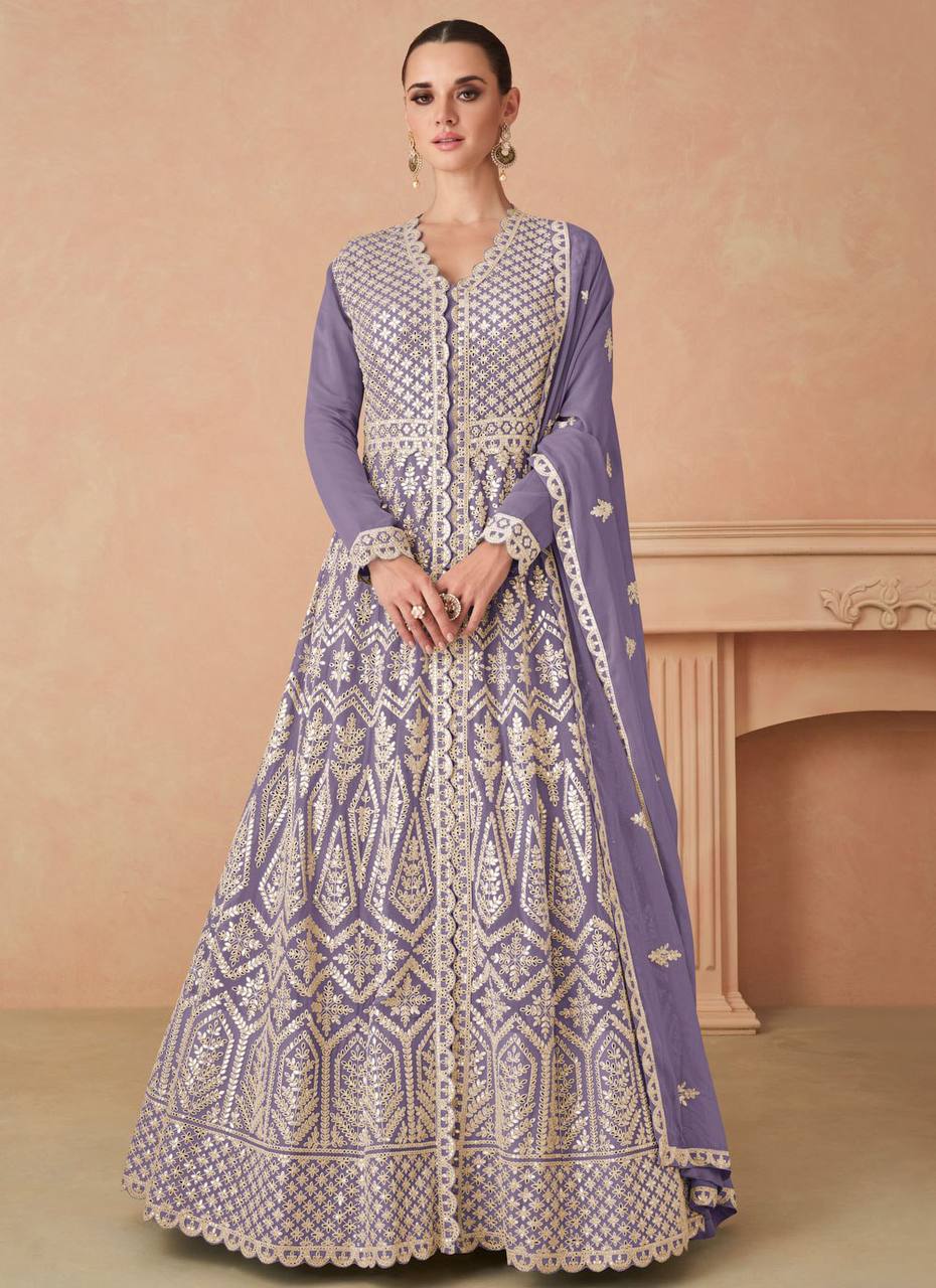 Purple Elegant Faux Georgette Embroidered Suit Set – Full Stitched Elegance