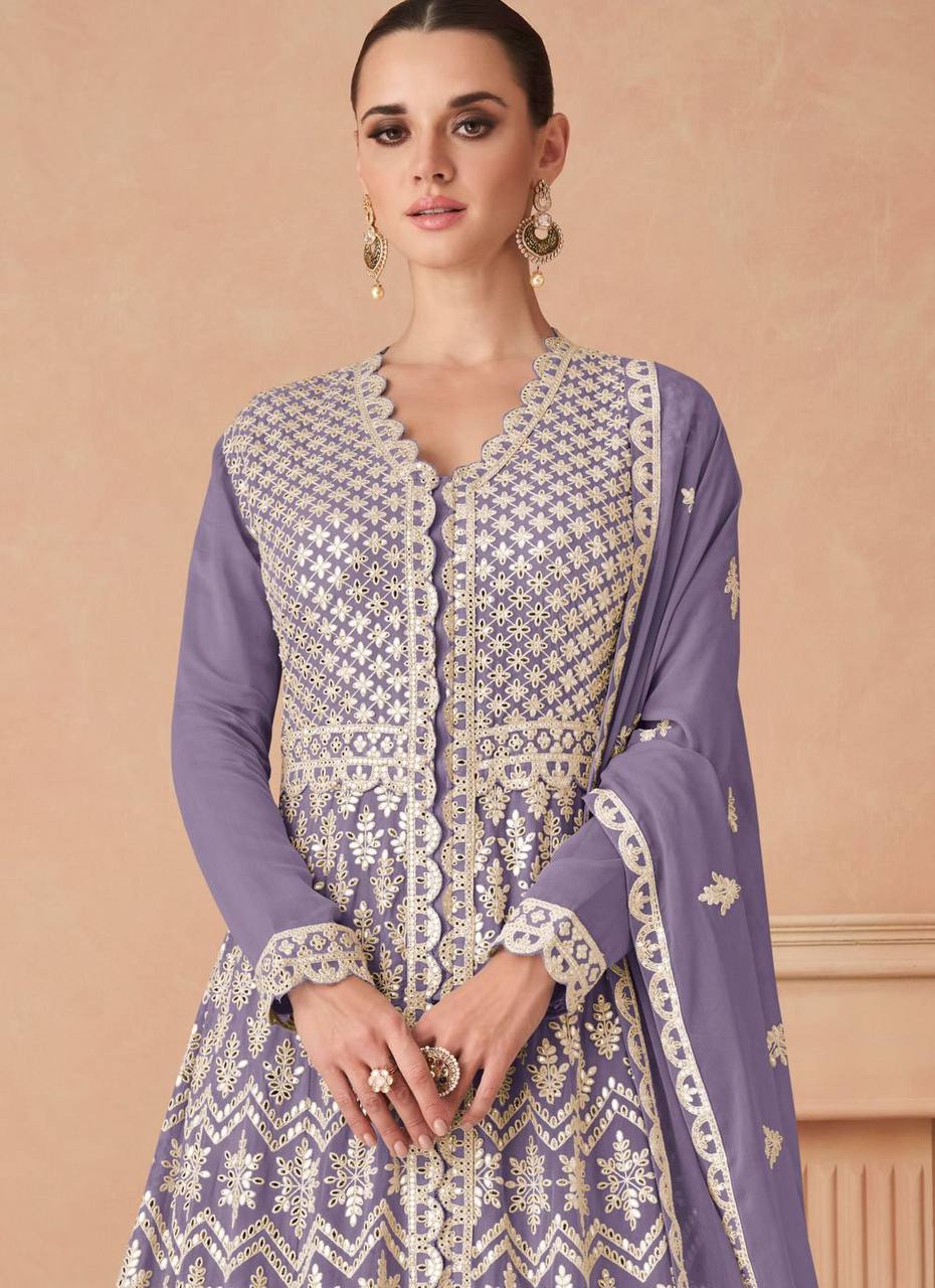 Purple Elegant Faux Georgette Embroidered Suit Set – Full Stitched Elegance