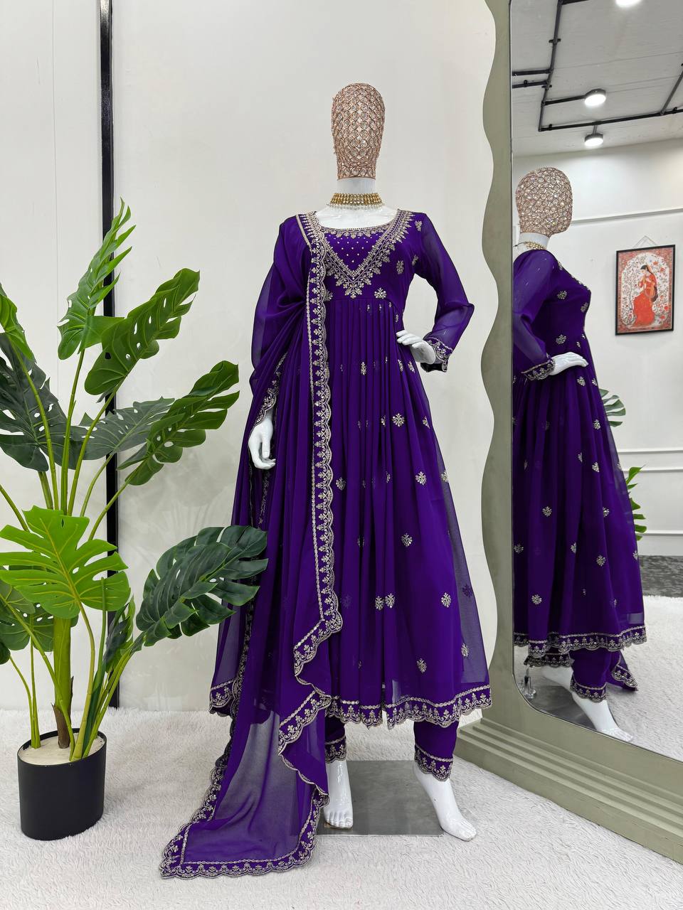 Purple Elegant Faux Georgette Gown Set with Dupatta