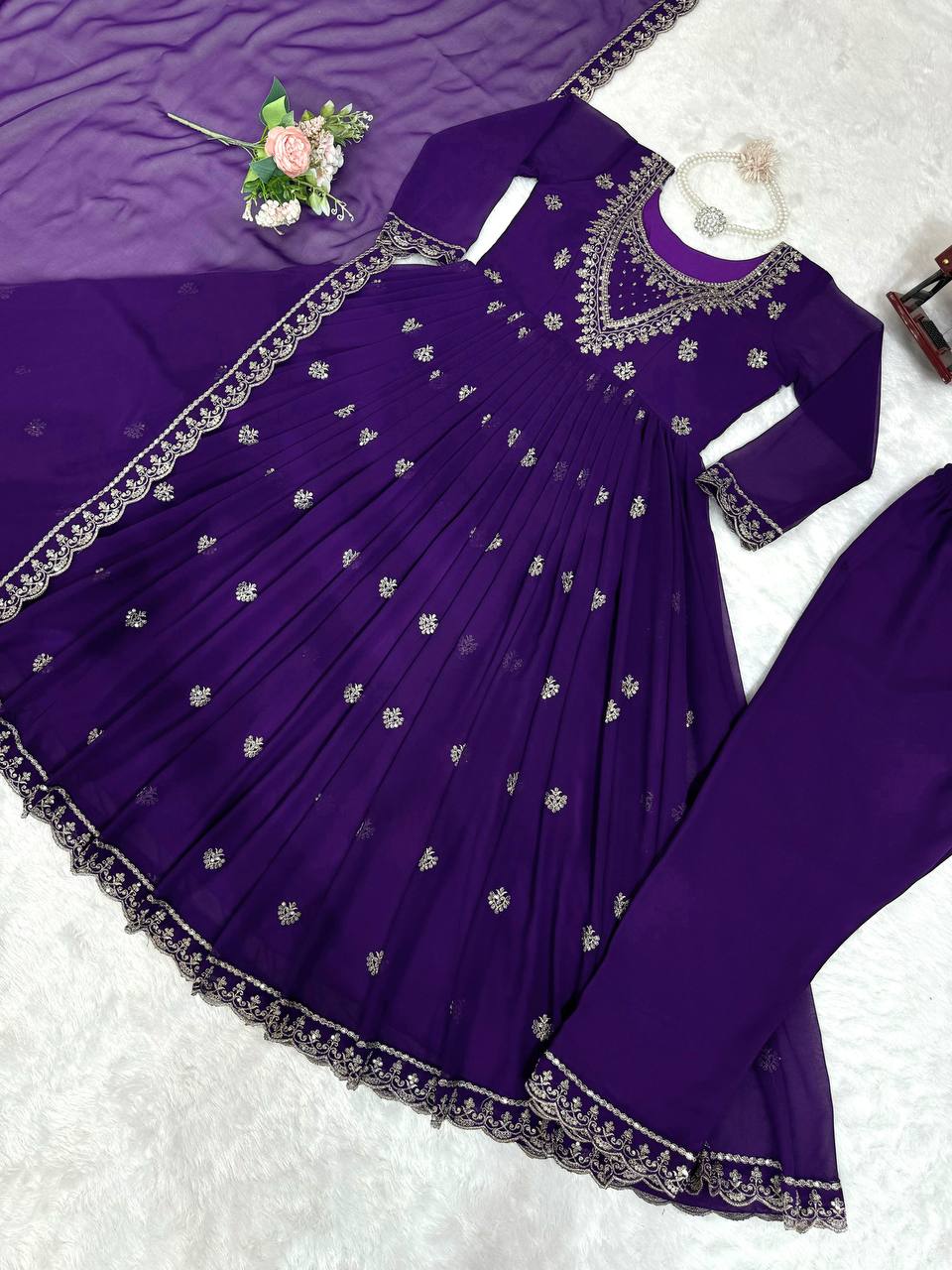Purple Elegant Faux Georgette Gown Set with Dupatta