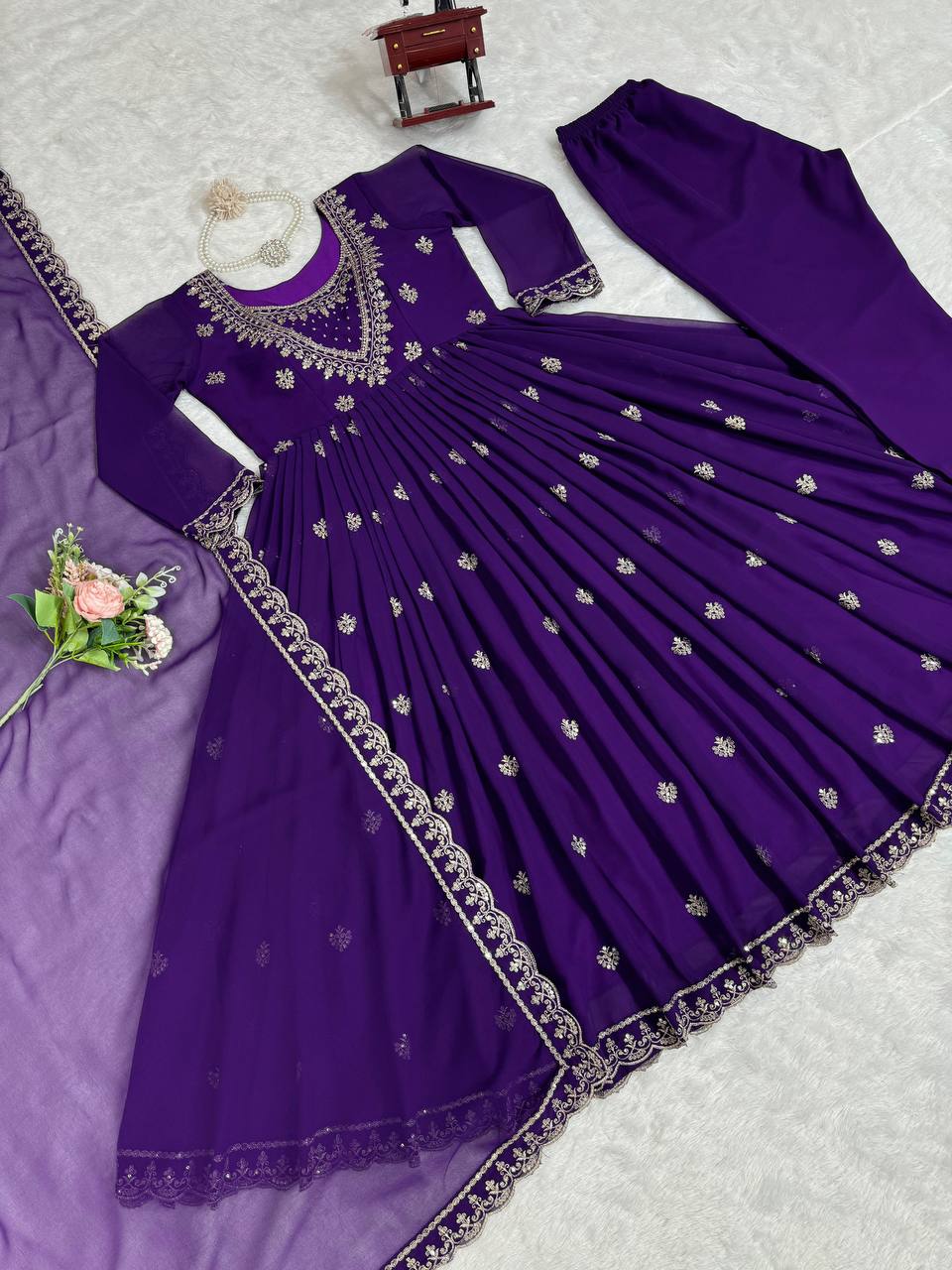 Purple Elegant Faux Georgette Gown Set with Dupatta