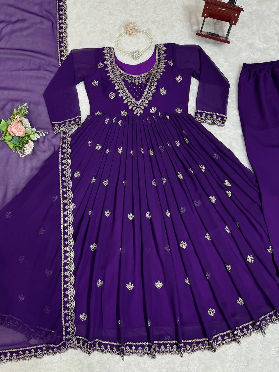 Purple Elegant Faux Georgette Gown Set with Dupatta