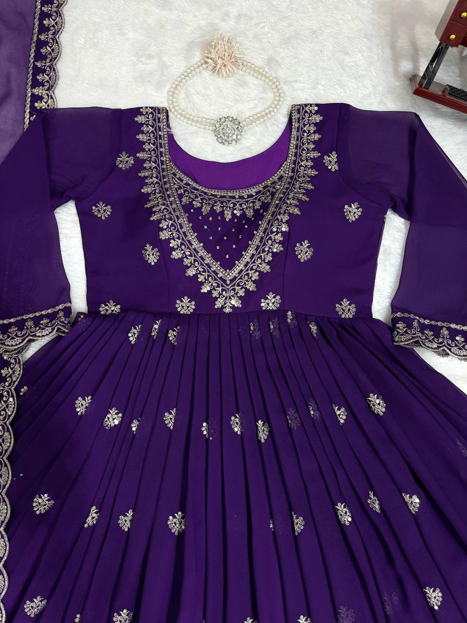 Purple Elegant Faux Georgette Gown Set with Dupatta