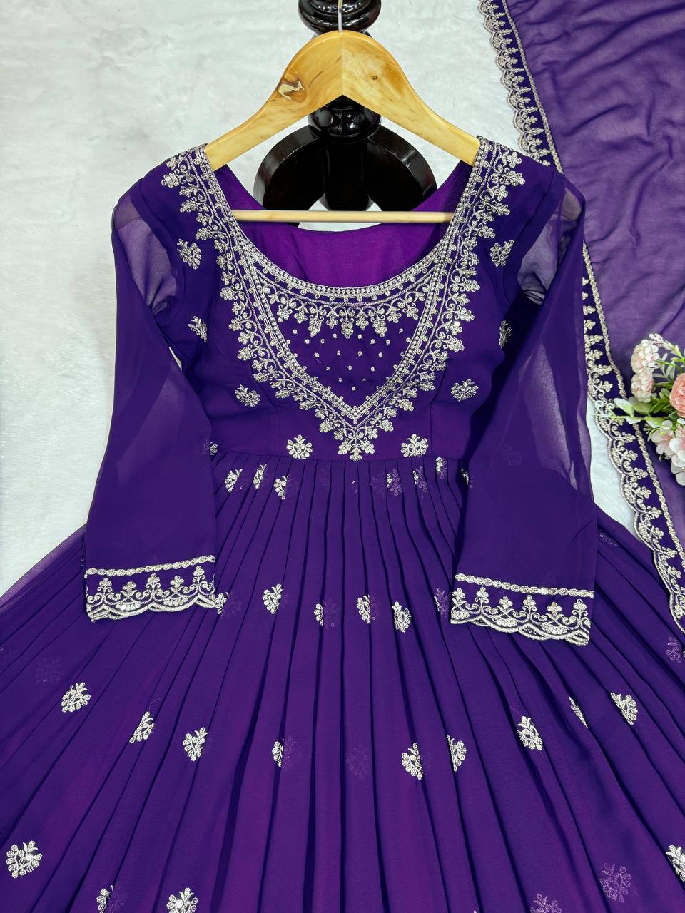Purple Elegant Faux Georgette Gown Set with Dupatta