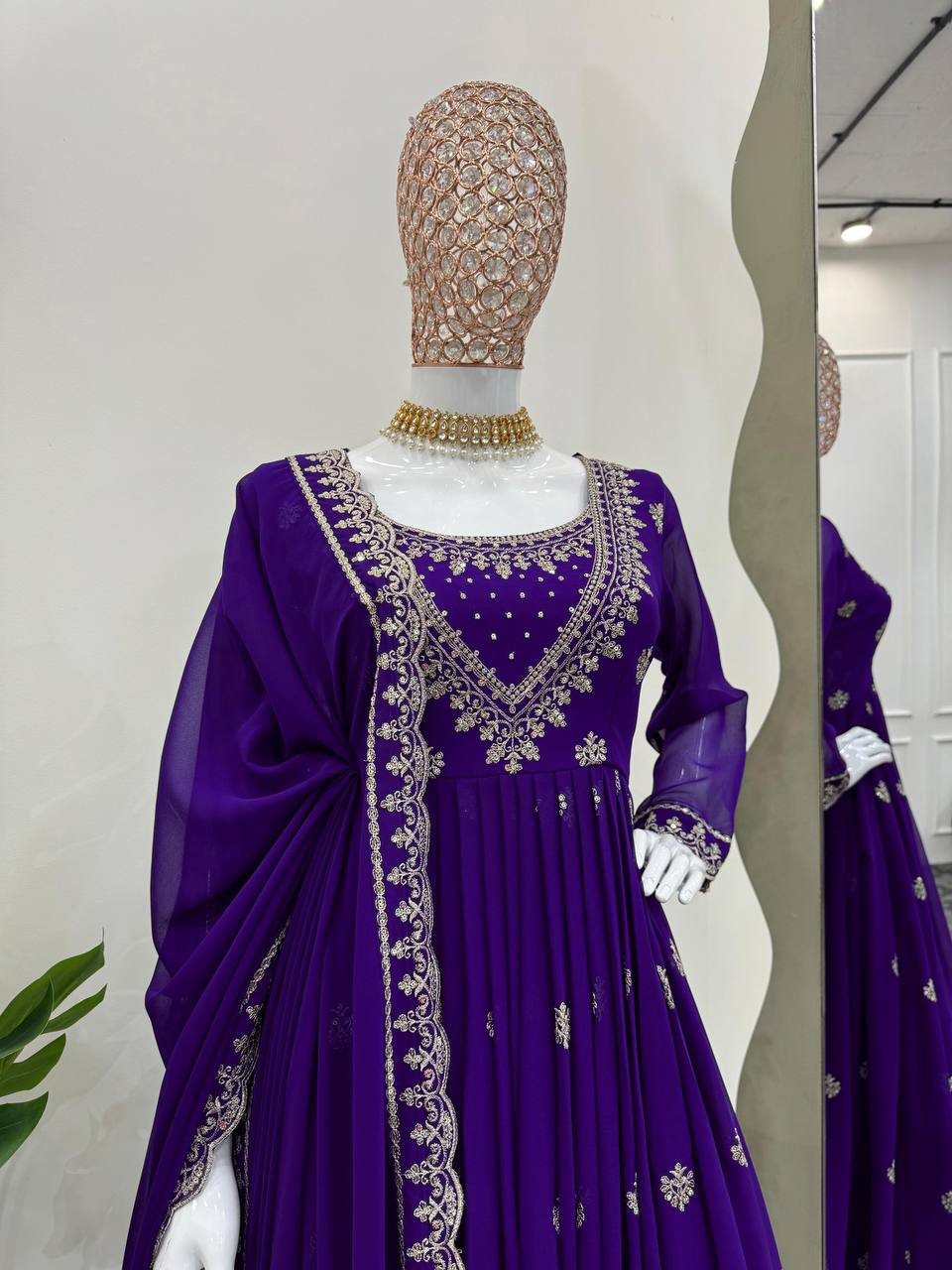 Purple Elegant Faux Georgette Gown Set with Dupatta