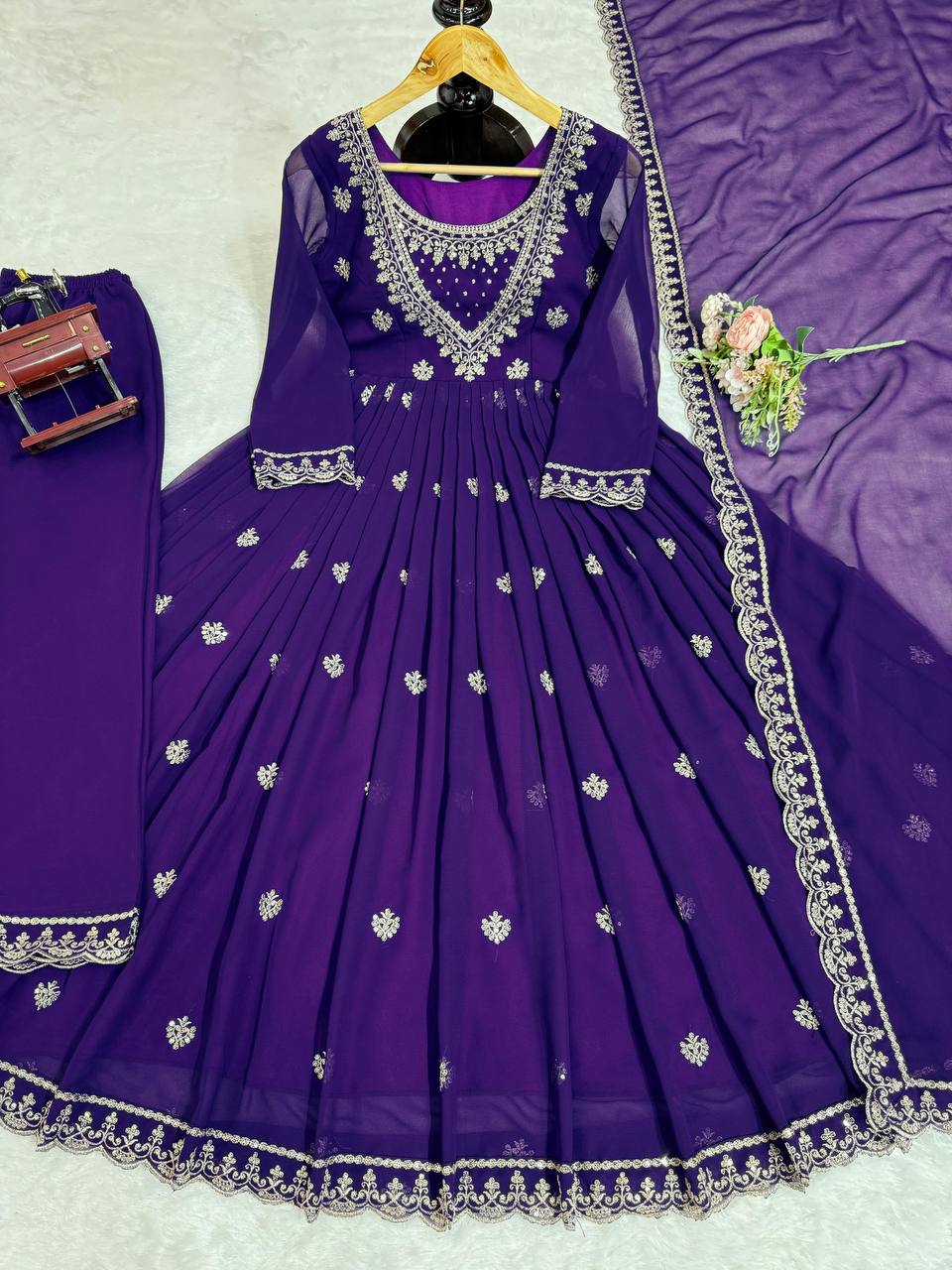 Purple Elegant Faux Georgette Gown Set with Dupatta