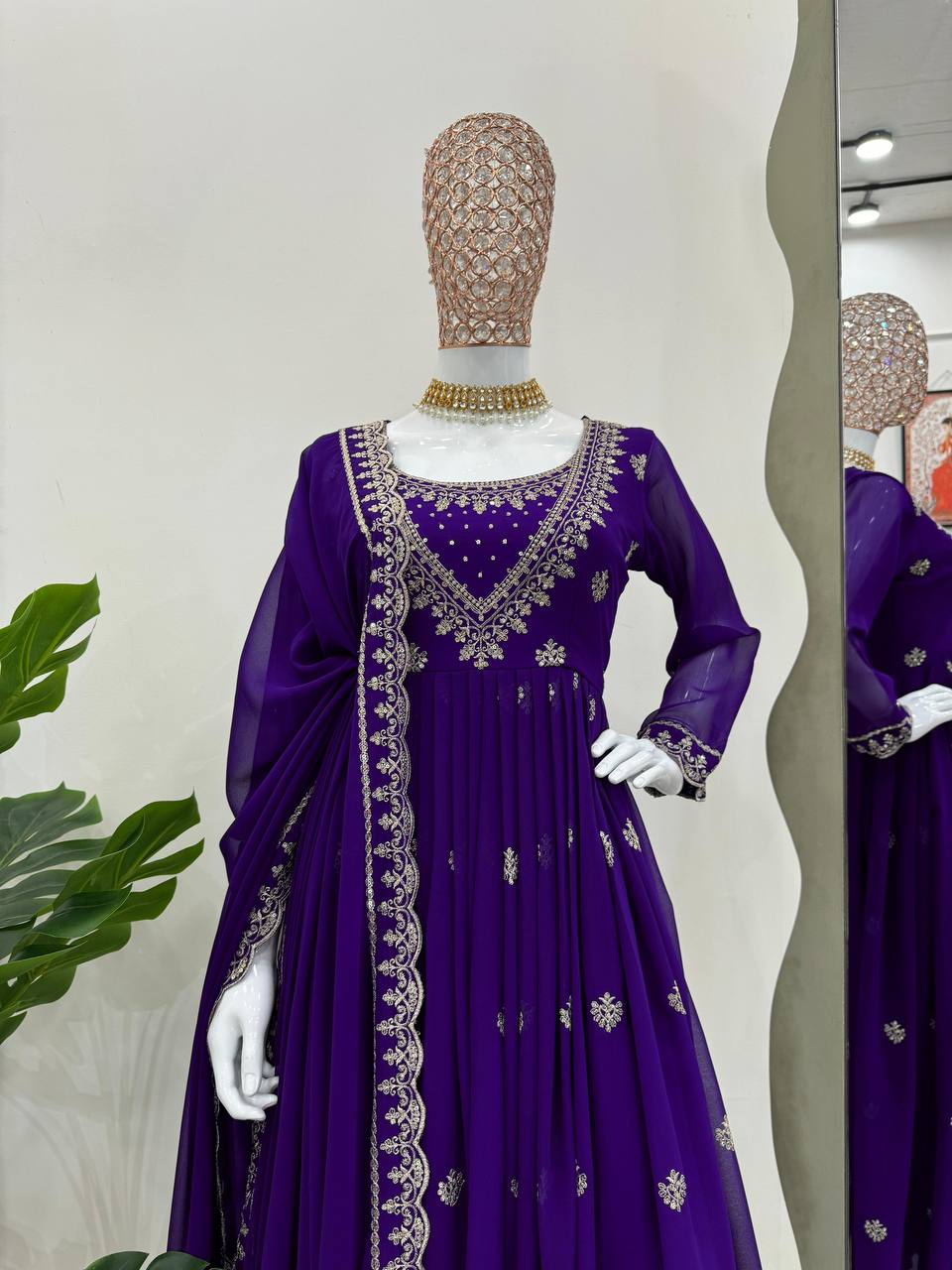 Purple Elegant Faux Georgette Gown Set with Dupatta