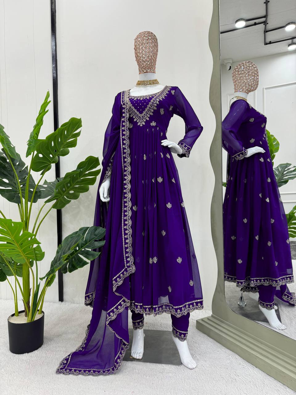 Purple Elegant Faux Georgette Gown Set with Dupatta
