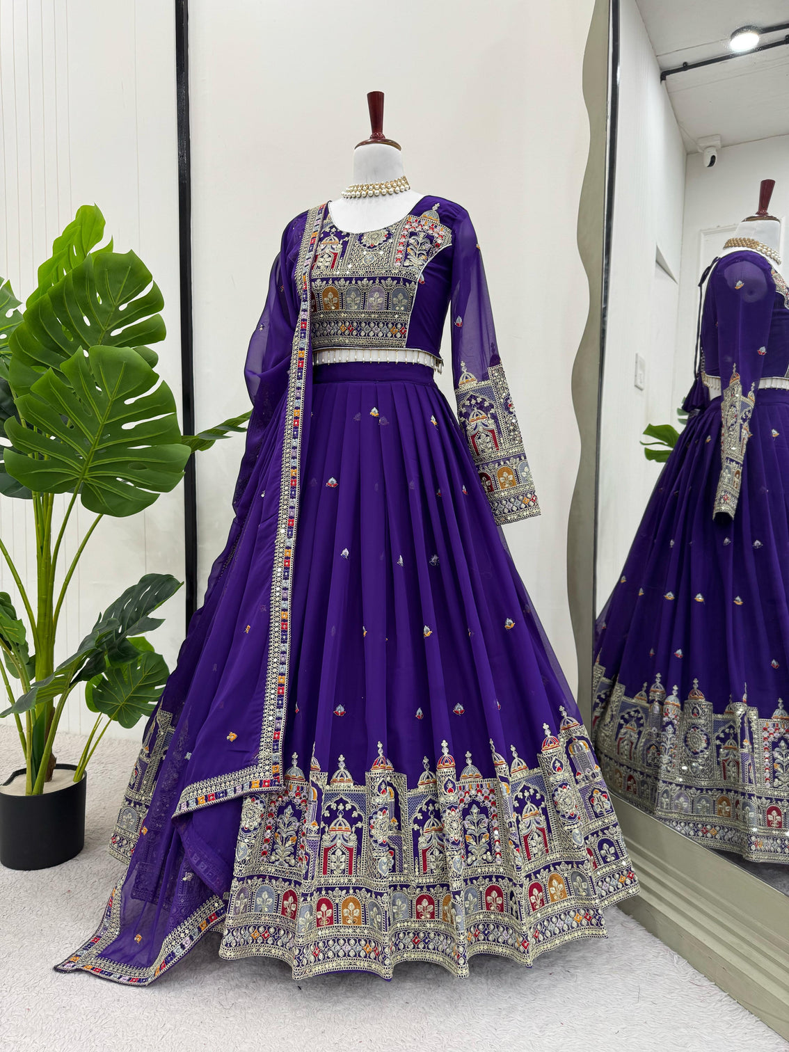 Purple Elegant Faux Georgette Lehenga Choli Set with Heavy Embroidery & Dupatta