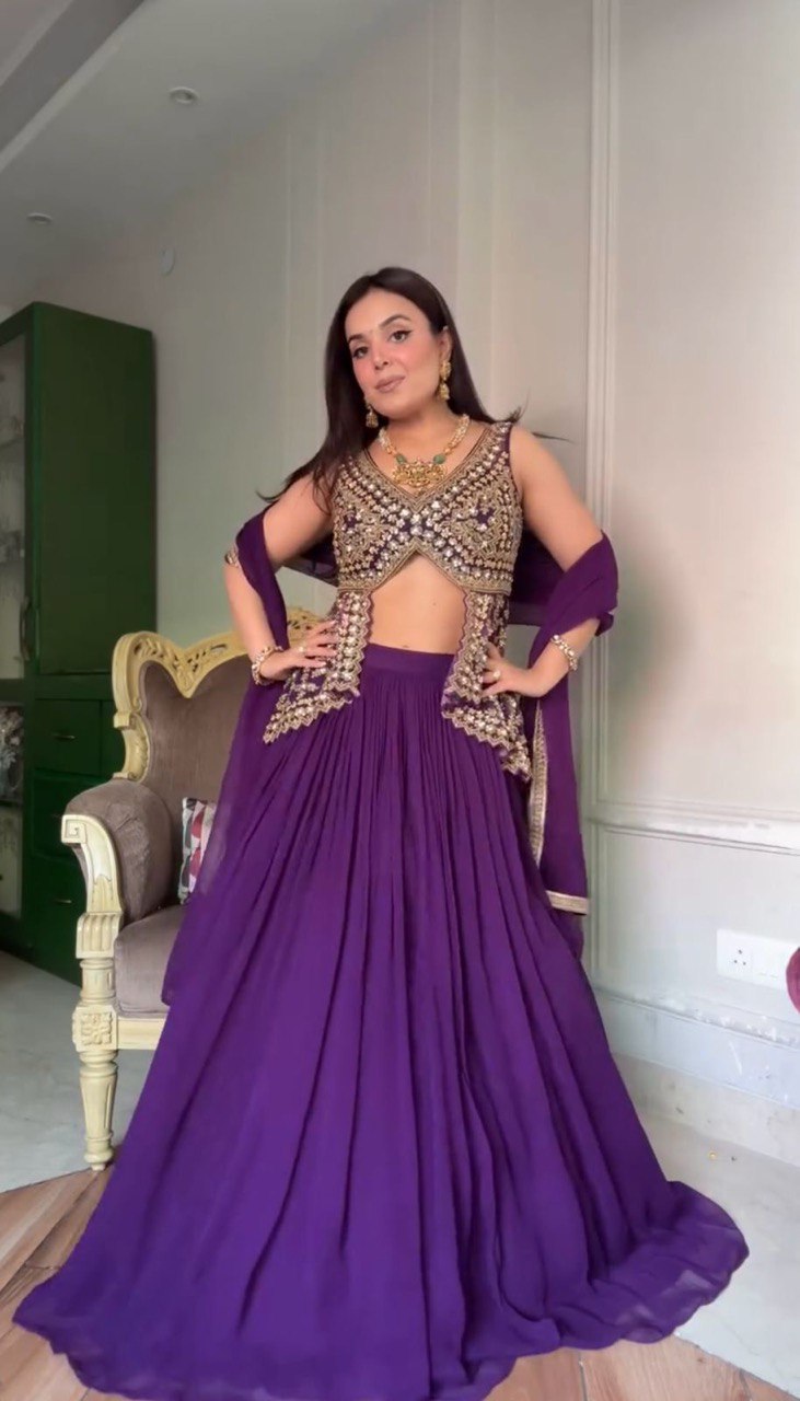 Purple Elegant Faux Georgette Semi-Stitched Lehenga Set with Fully Stitched Top & Fancy Lace Dupatta
