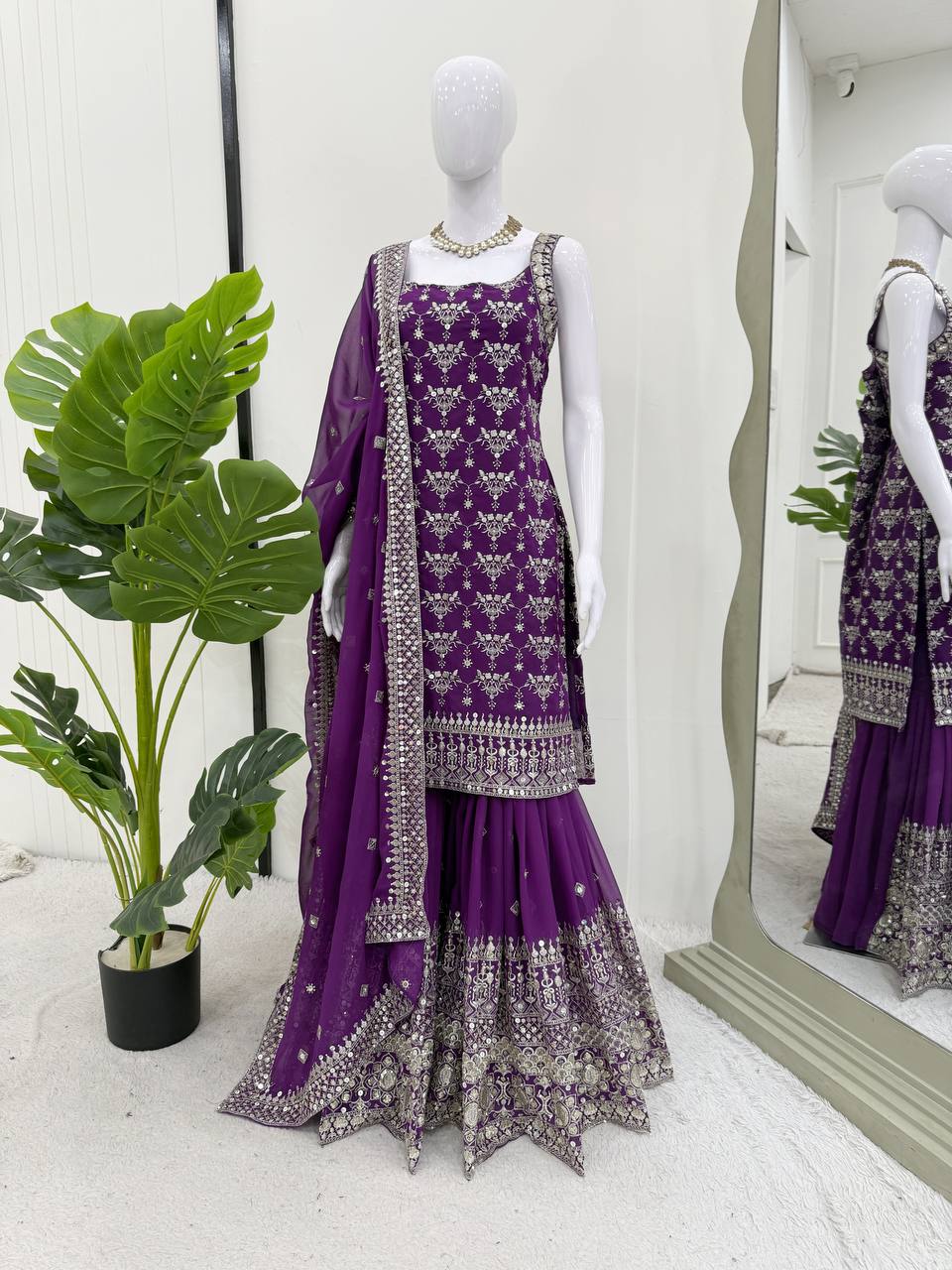 Purple Elegant Faux Georgette Sharara Set with Sequins & Thread Work – Includes Dupatta