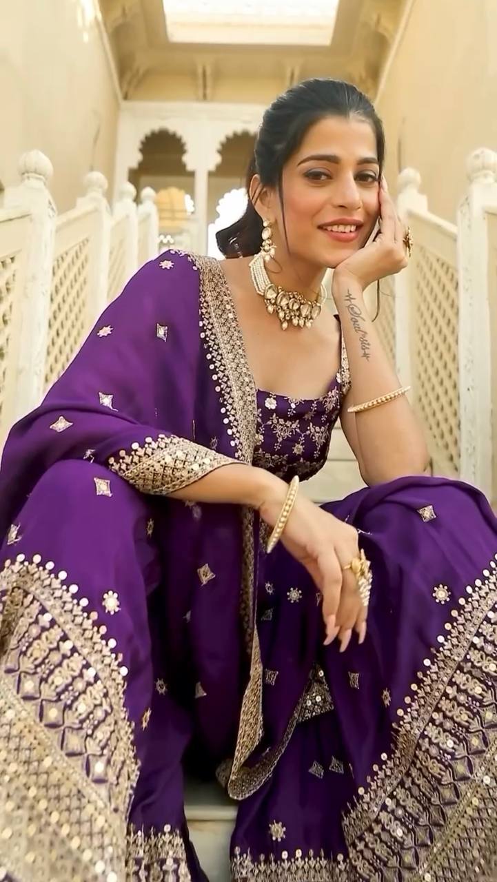 Purple Elegant Faux Georgette Sharara Set with Sequins & Thread Work – Includes Dupatta