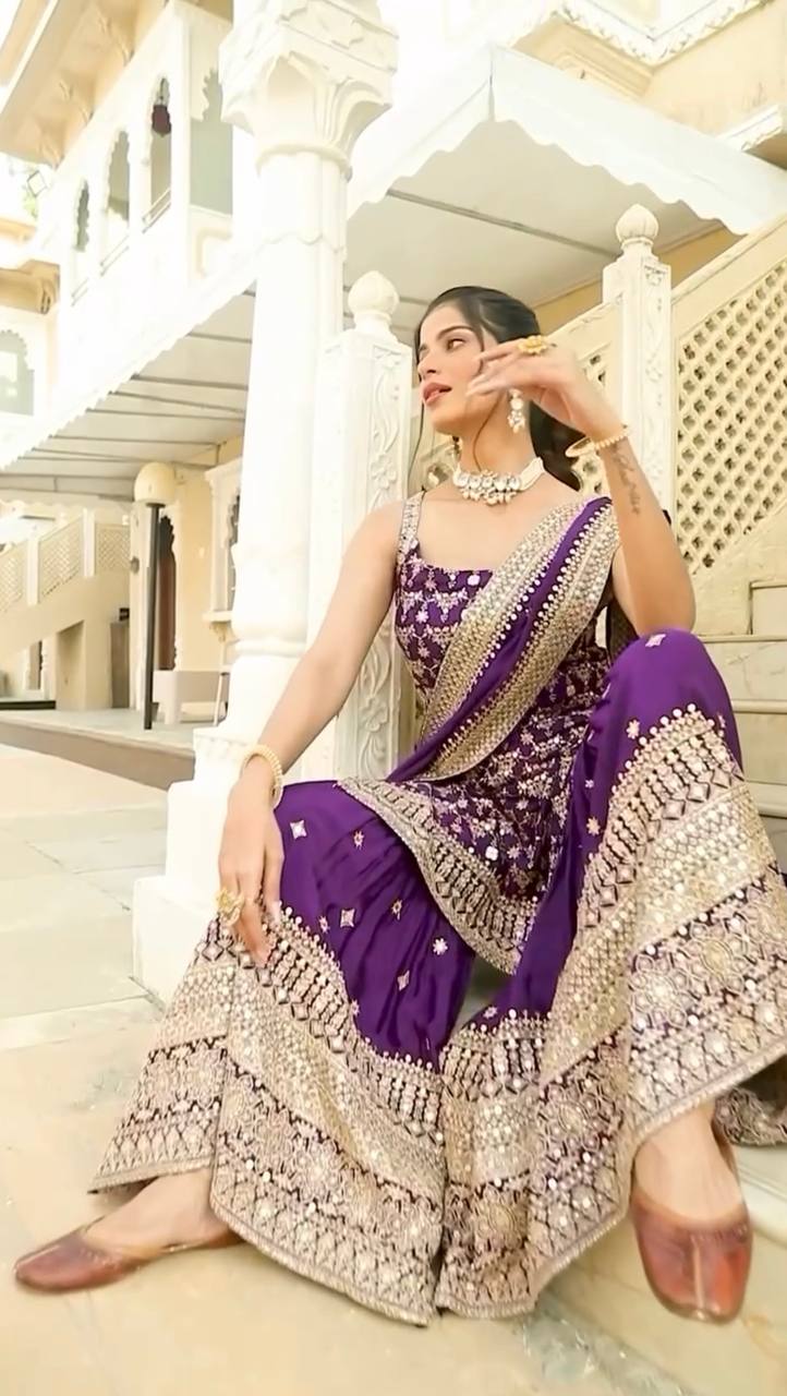 Purple Elegant Faux Georgette Sharara Set with Sequins & Thread Work – Includes Dupatta