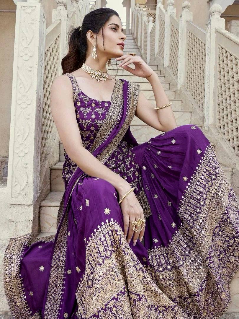 Purple Elegant Faux Georgette Sharara Set with Sequins & Thread Work – Includes Dupatta