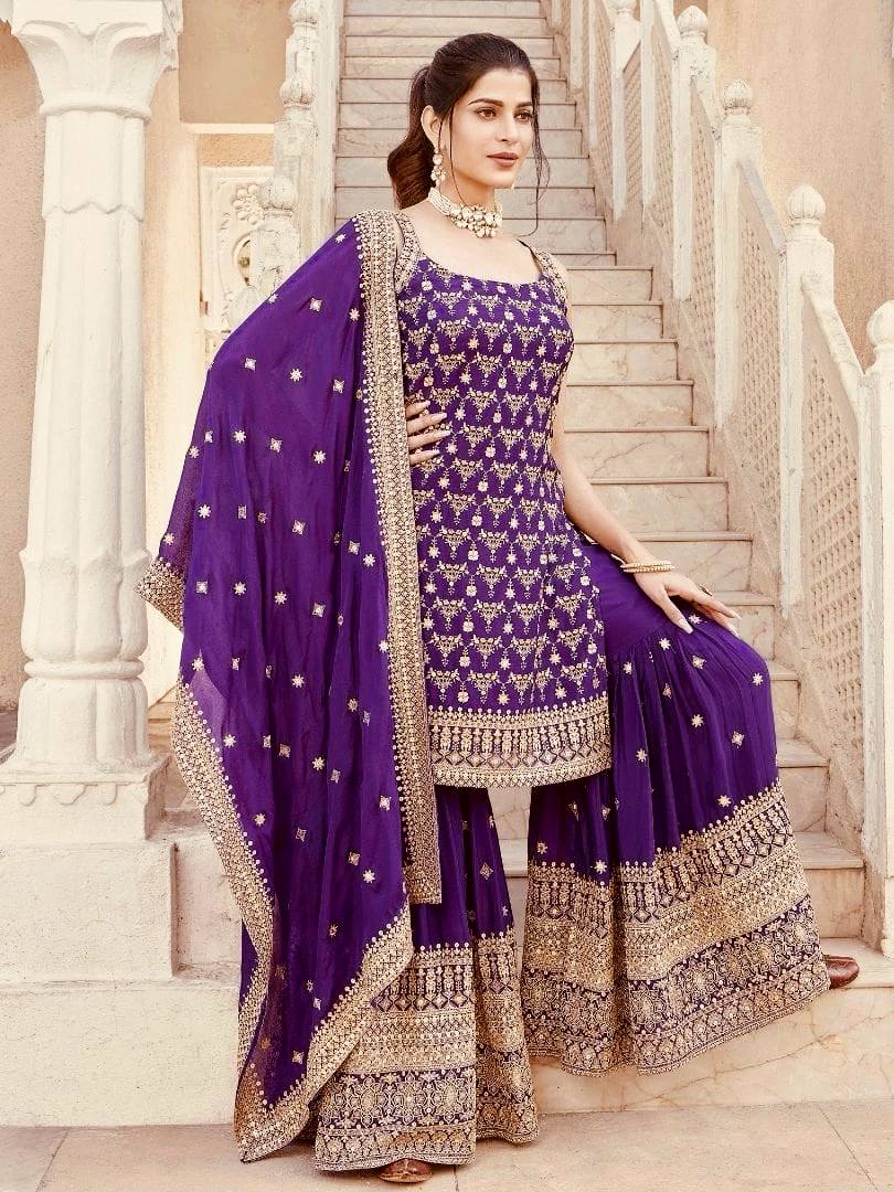 Purple Elegant Faux Georgette Sharara Set with Sequins & Thread Work – Includes Dupatta