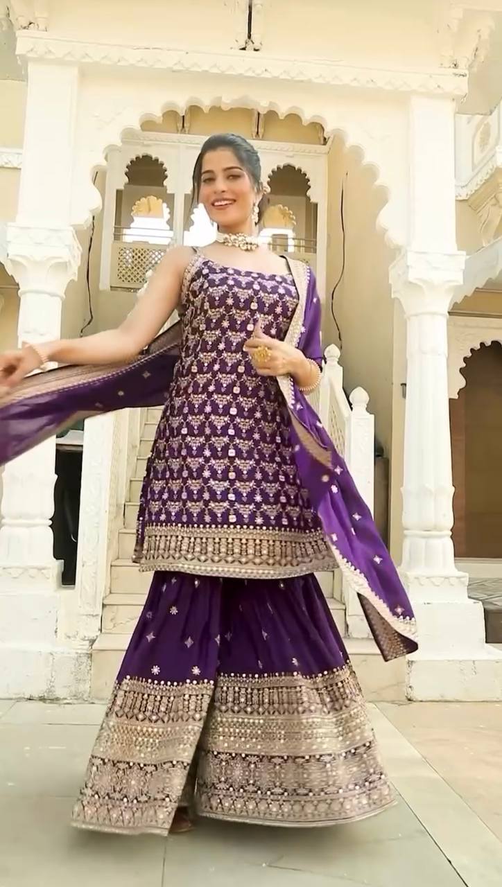 Purple Elegant Faux Georgette Sharara Set with Sequins & Thread Work – Includes Dupatta