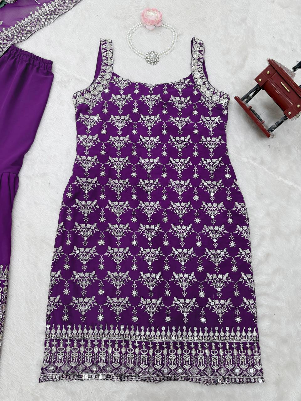 Purple Elegant Faux Georgette Sharara Set with Sequins & Thread Work – Includes Dupatta