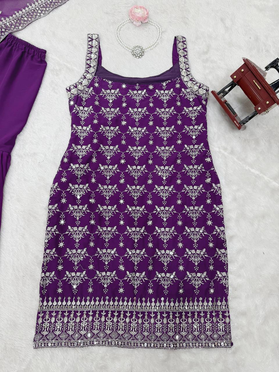 Purple Elegant Faux Georgette Sharara Set with Sequins & Thread Work – Includes Dupatta