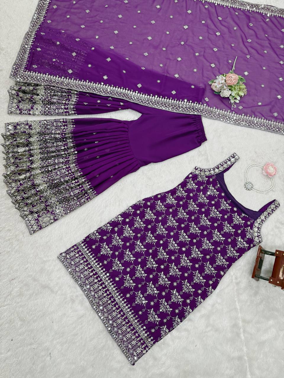 Purple Elegant Faux Georgette Sharara Set with Sequins & Thread Work – Includes Dupatta
