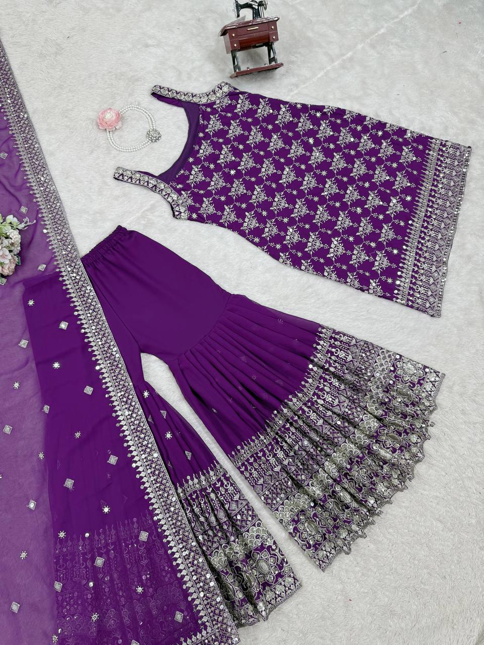 Purple Elegant Faux Georgette Sharara Set with Sequins & Thread Work – Includes Dupatta