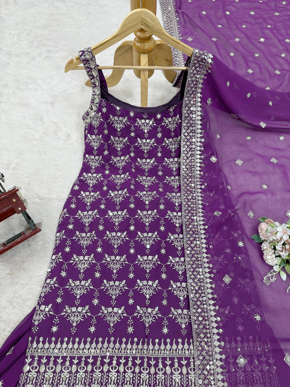Purple Elegant Faux Georgette Sharara Set with Sequins & Thread Work – Includes Dupatta
