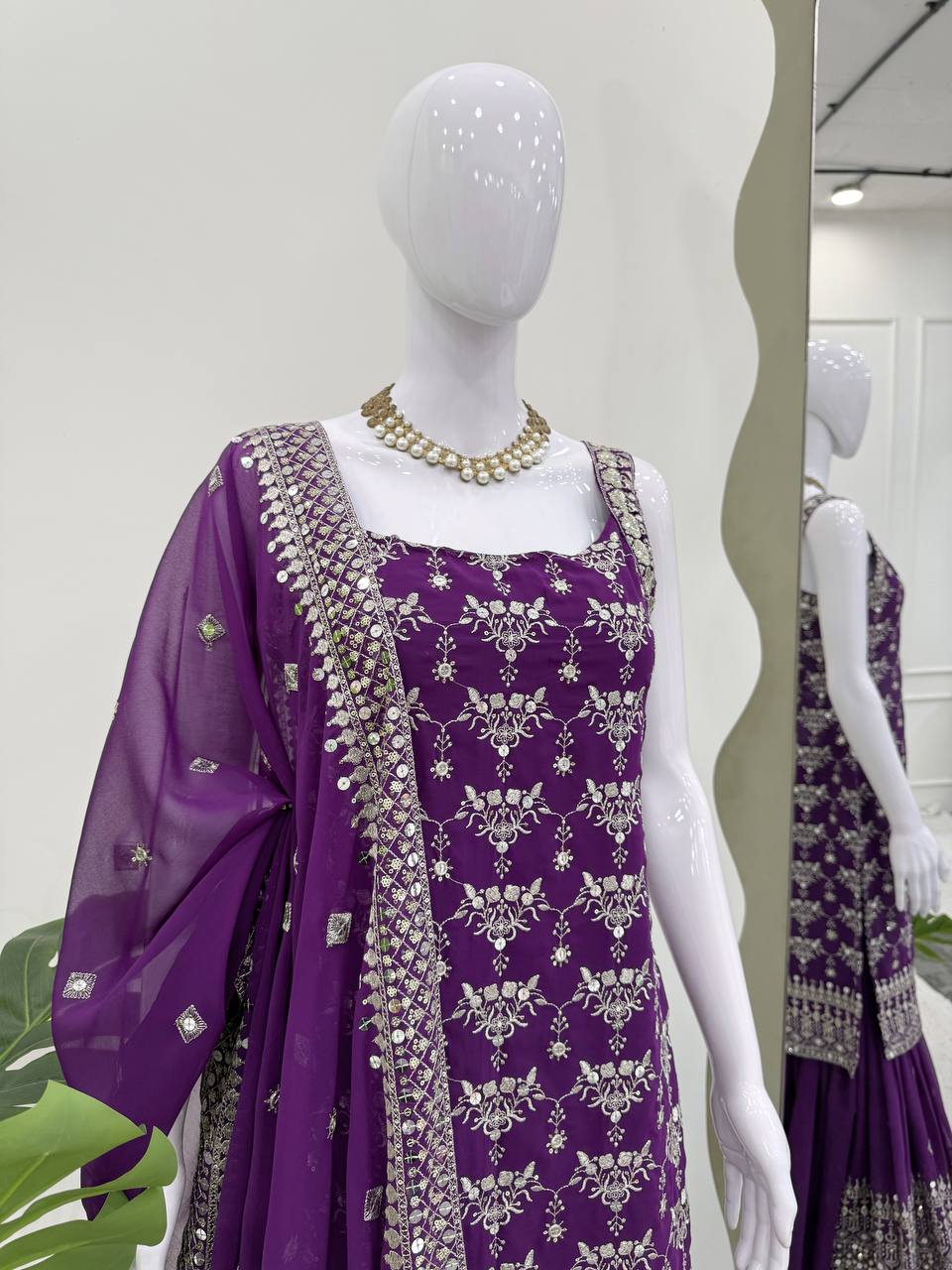 Purple Elegant Faux Georgette Sharara Set with Sequins & Thread Work – Includes Dupatta