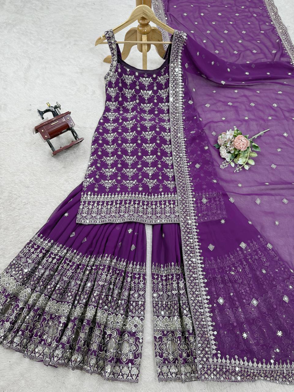 Purple Elegant Faux Georgette Sharara Set with Sequins & Thread Work – Includes Dupatta
