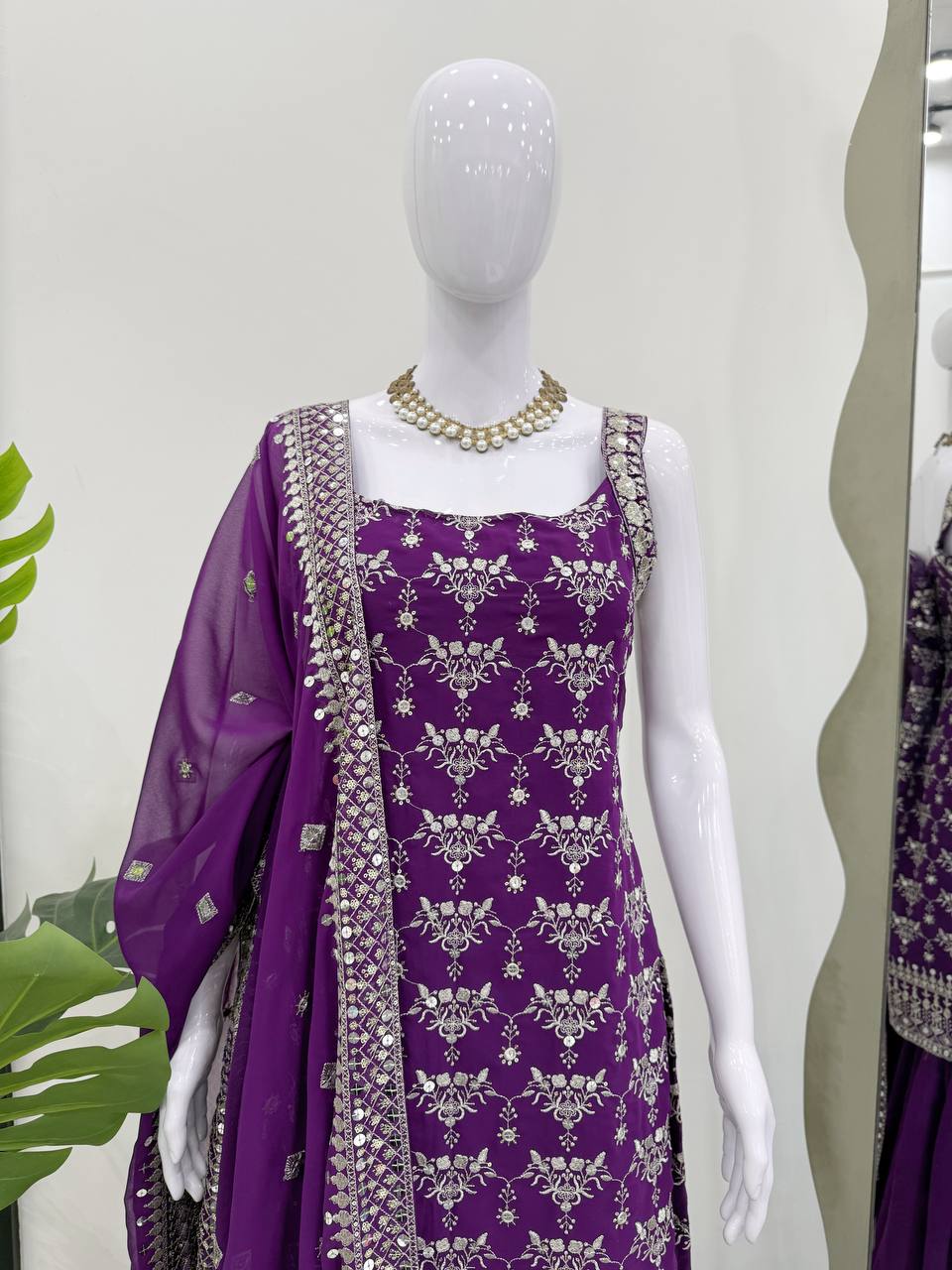 Purple Elegant Faux Georgette Sharara Set with Sequins & Thread Work – Includes Dupatta