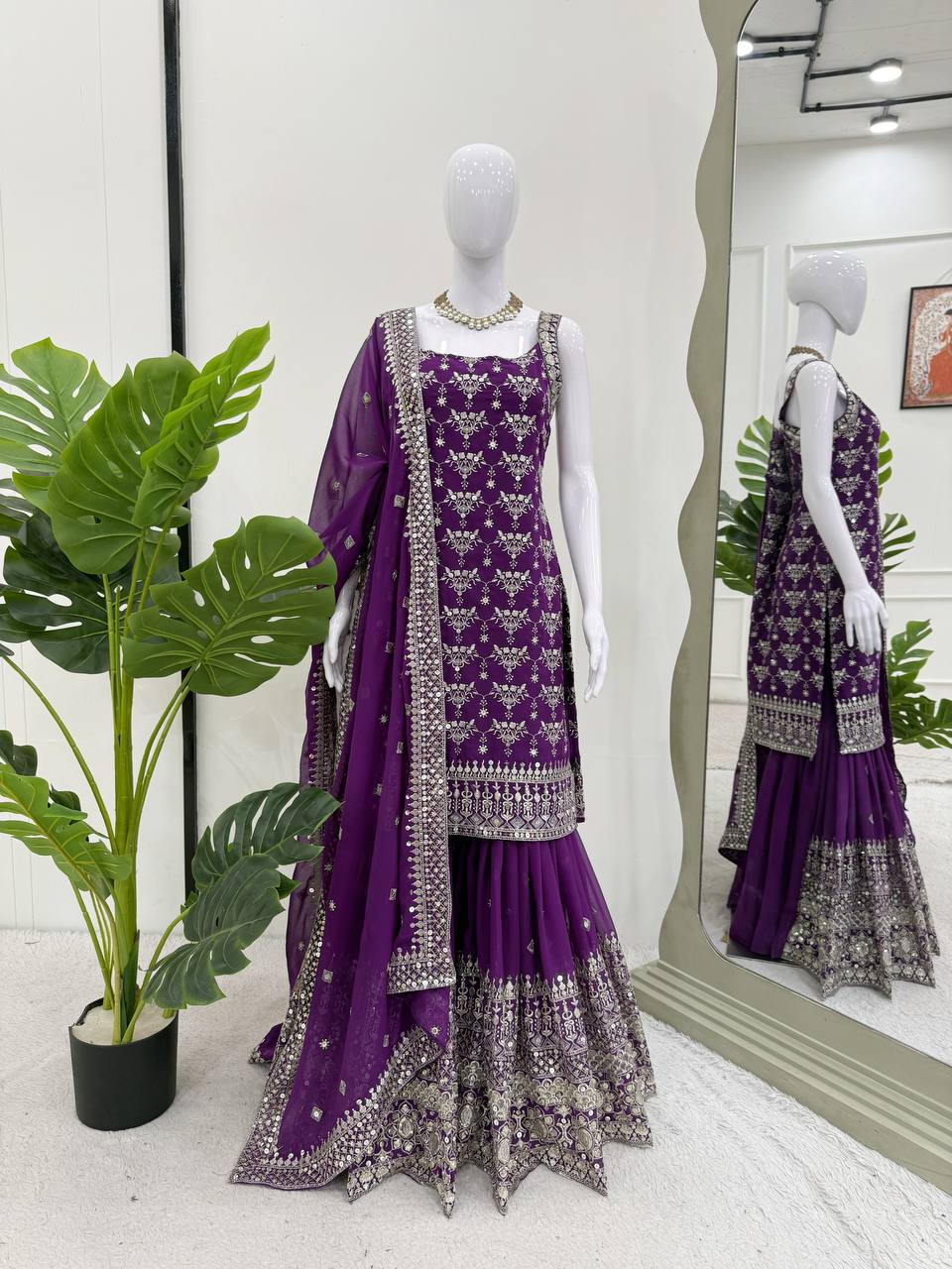 Purple Elegant Faux Georgette Sharara Set with Sequins & Thread Work – Includes Dupatta