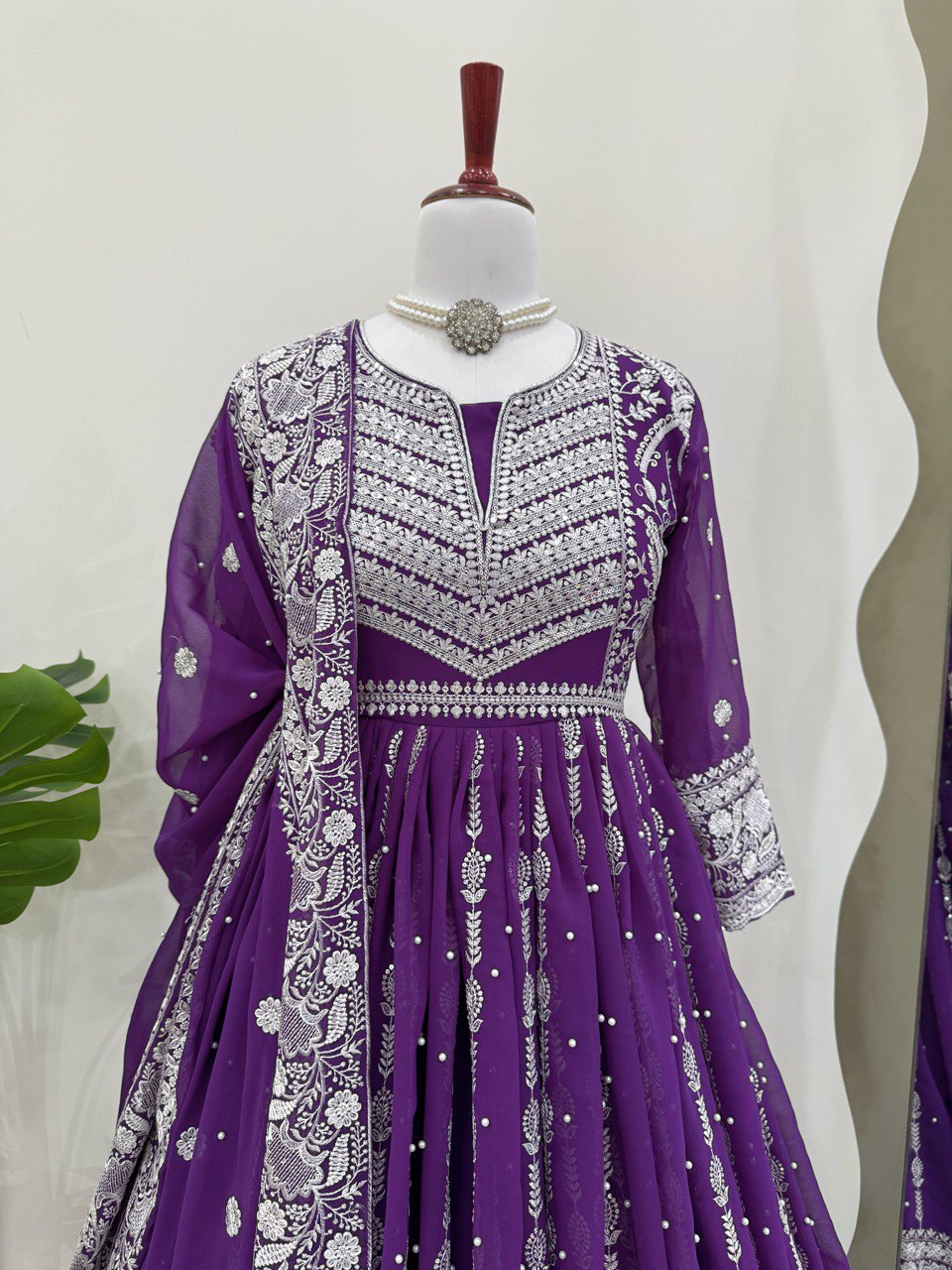 Purple Elegant Faux Georgette Thread & Sequin Embellished Suit Set with Rivet Moti Detailing