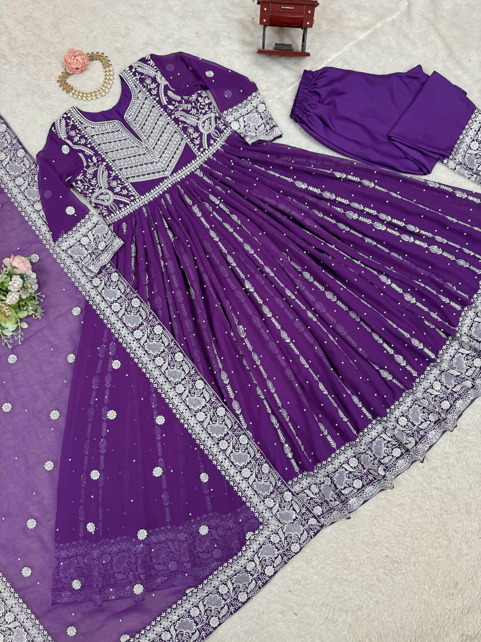 Purple Elegant Faux Georgette Thread & Sequin Embellished Suit Set with Rivet Moti Detailing