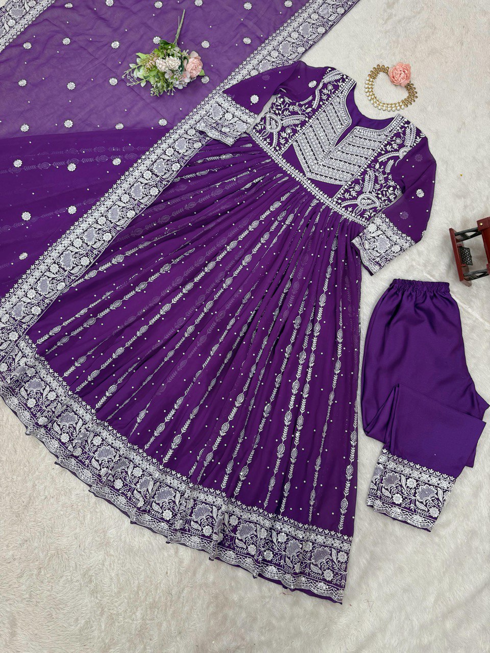 Purple Elegant Faux Georgette Thread & Sequin Embellished Suit Set with Rivet Moti Detailing