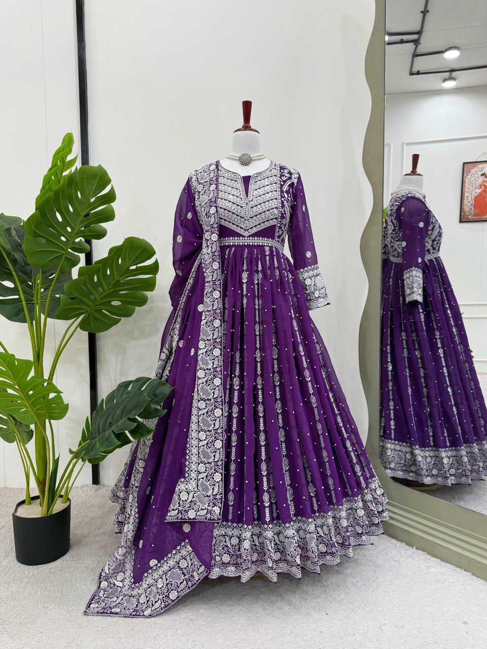 Purple Elegant Faux Georgette Thread & Sequin Embellished Suit Set with Rivet Moti Detailing