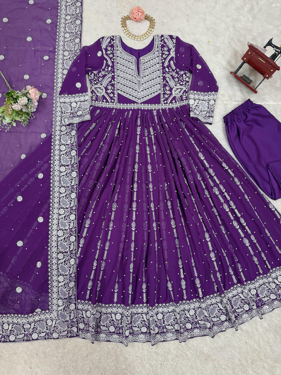 Purple Elegant Faux Georgette Thread & Sequin Embellished Suit Set with Rivet Moti Detailing