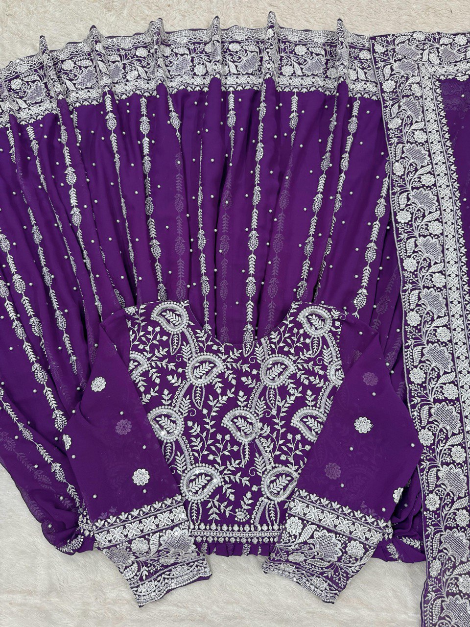 Purple Elegant Faux Georgette Thread & Sequin Embellished Suit Set with Rivet Moti Detailing