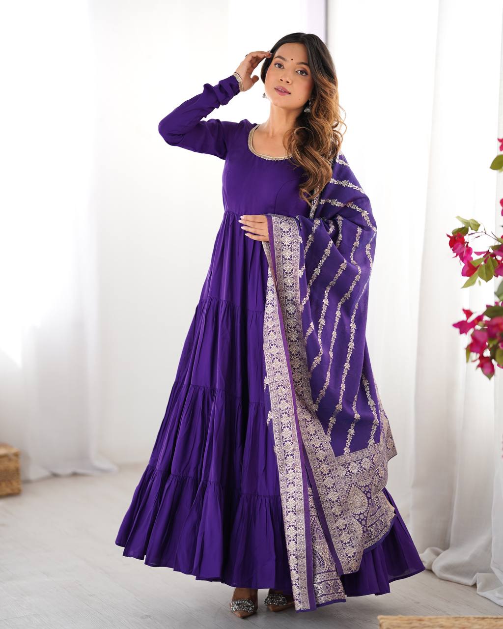 Purple Elegant Festive Pure Romansilk Chanderi Anarkali Suit with Banarasi Dupatta