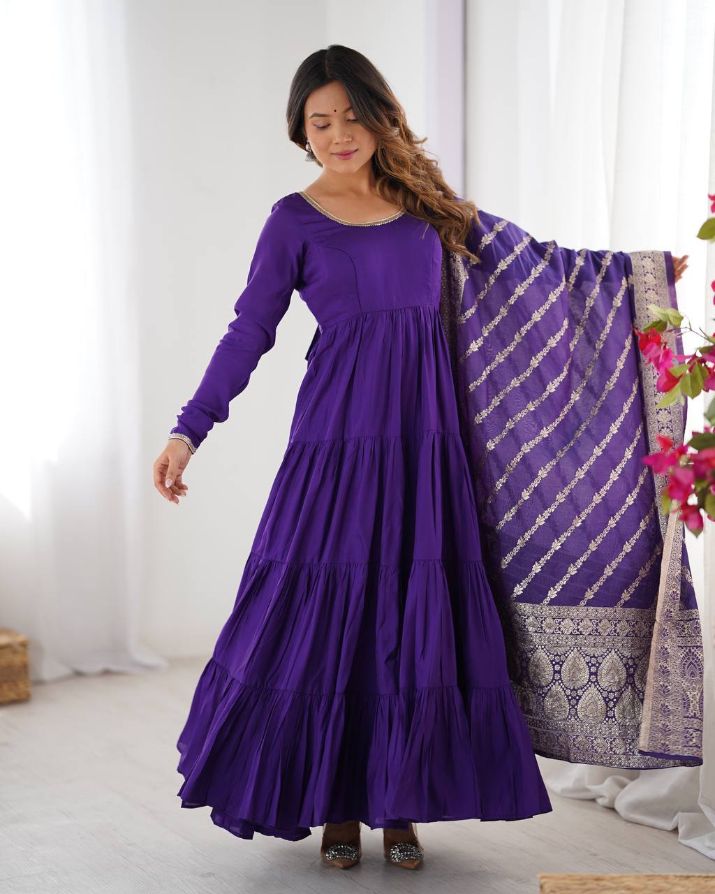 Purple Elegant Festive Pure Romansilk Chanderi Anarkali Suit with Banarasi Dupatta