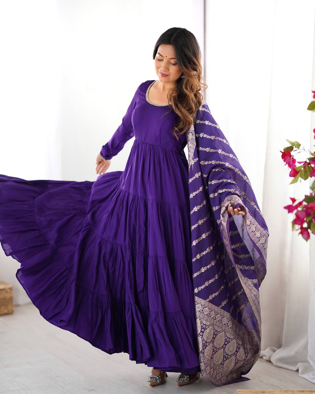 Purple Elegant Festive Pure Romansilk Chanderi Anarkali Suit with Banarasi Dupatta