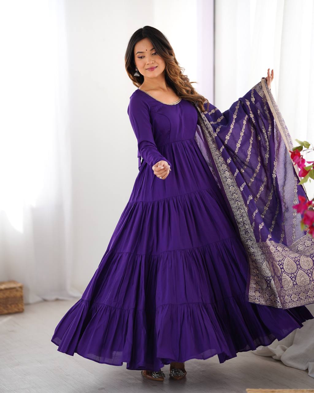 Purple Elegant Festive Pure Romansilk Chanderi Anarkali Suit with Banarasi Dupatta