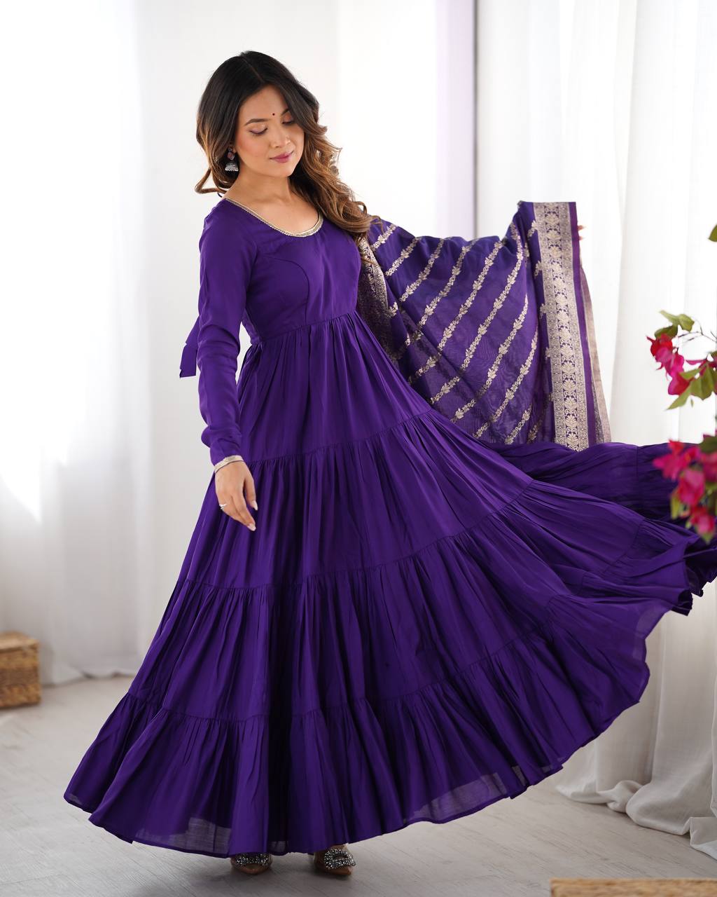 Purple Elegant Festive Pure Romansilk Chanderi Anarkali Suit with Banarasi Dupatta