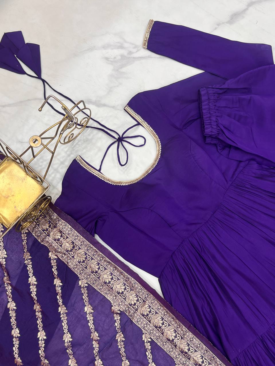 Purple Elegant Festive Pure Romansilk Chanderi Anarkali Suit with Banarasi Dupatta