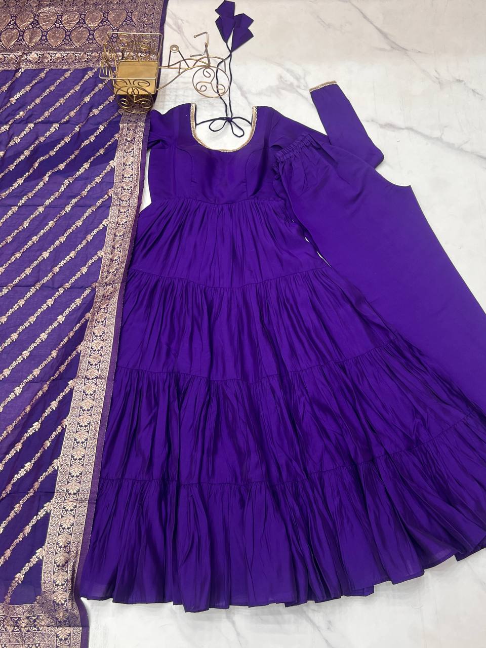 Purple Elegant Festive Pure Romansilk Chanderi Anarkali Suit with Banarasi Dupatta