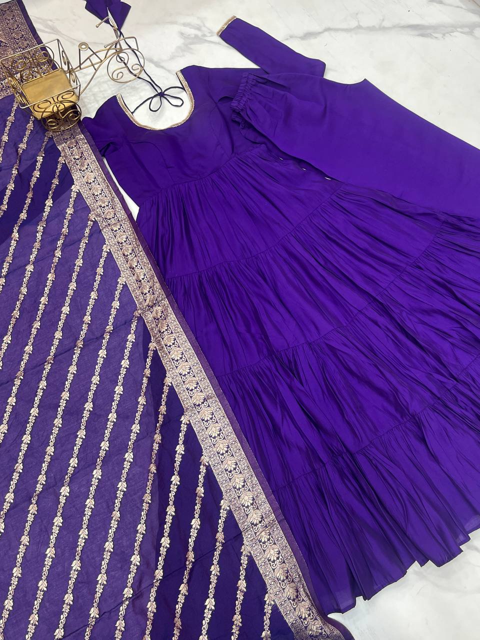 Purple Elegant Festive Pure Romansilk Chanderi Anarkali Suit with Banarasi Dupatta